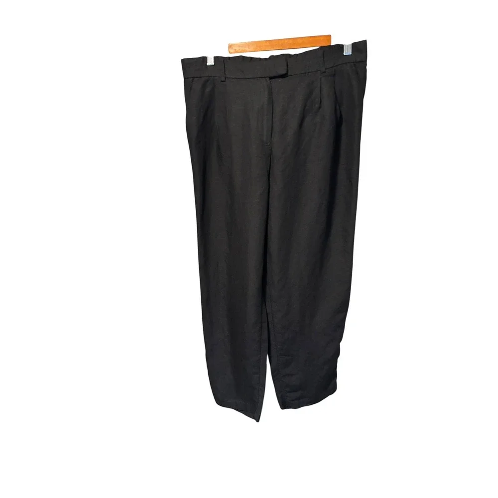 H&M Black Linen Blend Pleated Pants Women's SZ 12 Elastic Waist. Lagenlook. Cool